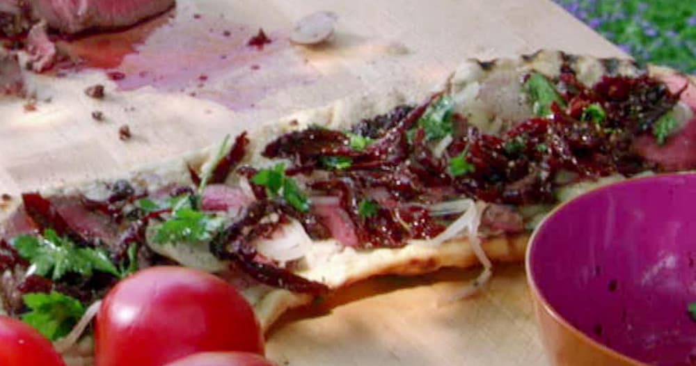 Grilled Flatbread with Garlic-Infused Beef Fillet, White Bean Puree, and Sun-Dried Tomato Chutney Recipe