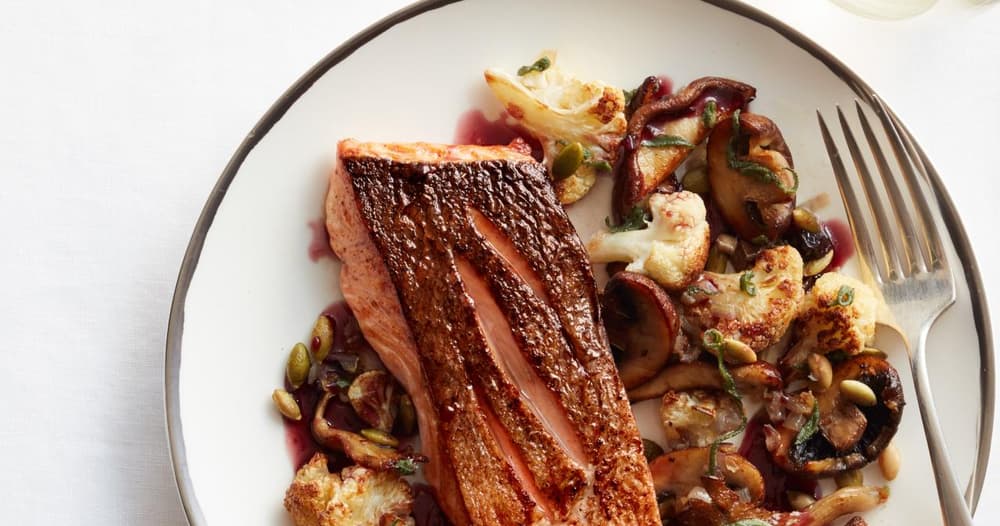 Oven-Roasted Salmon with Cauliflower and Mushrooms